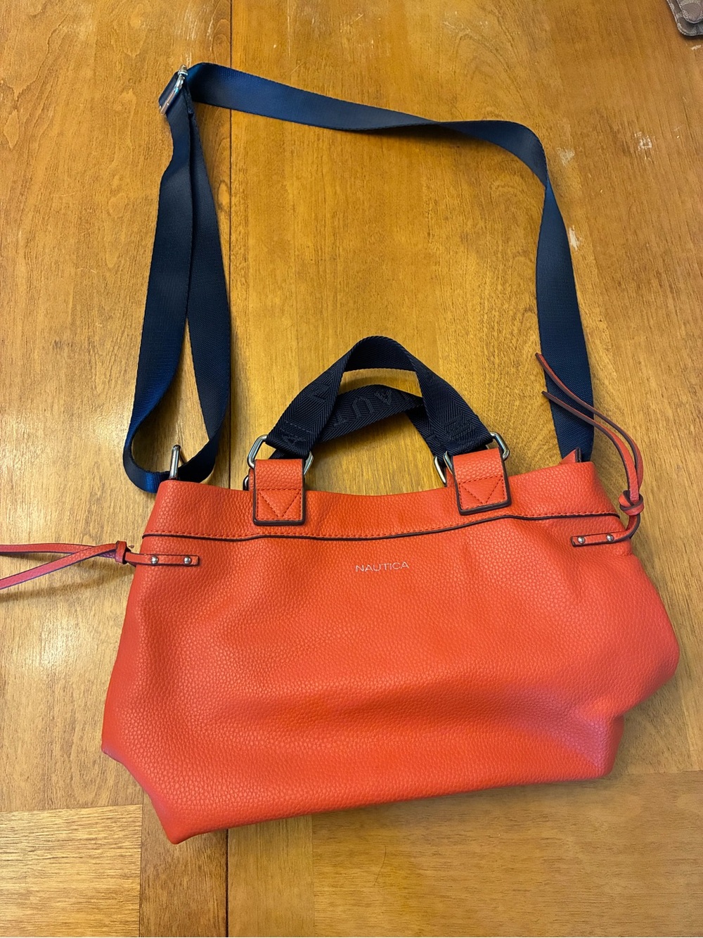 Nautica Orange Pebbled Leather Shoulder Tote with Navy Strap